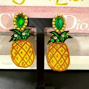 Handmade Pineapple Earrings Embroidered Yellow Green Crystal Statement Dangles